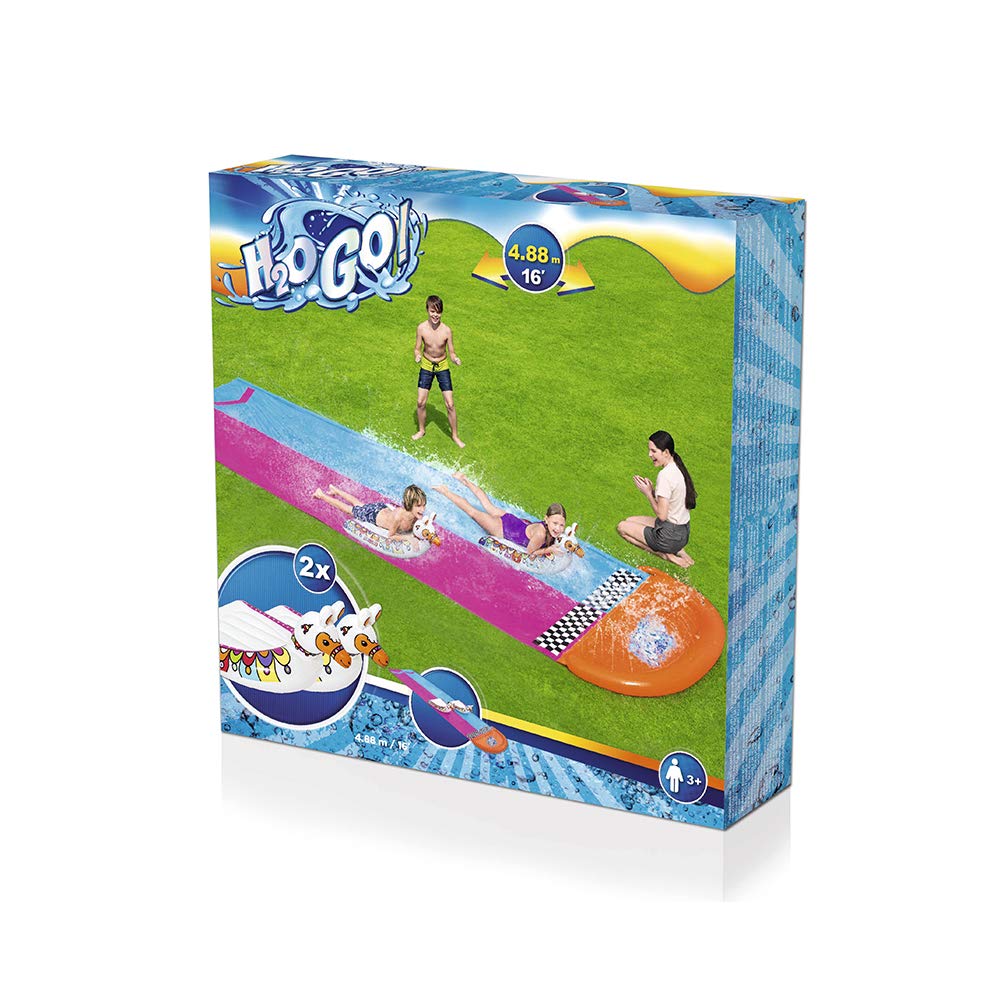 Bestway H2OGO!™ 2-person water slide with inflatable llama floaties, 487 x 138 cm.