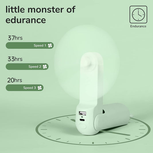 JISULIFE Handheld Fan Mini Fan 3 IN 1, with 4500 mAh Power Bank USB Battery Small, Battery Operated Max 37Hrs Runtime Portable Fan, Flashlight Function - Green