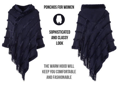 Ferand Women's Hooded Poncho, Warm Winter Cape, Striped Shawl with Fringes, Elegant, Navy Blue