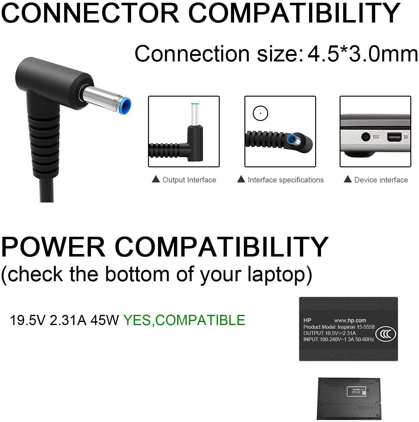 HP laptop charger 45W 19.5V 2.31A notebook laptop power supply AC adapter for HP network battery power supply charger plug: 【4.5mm*3mm】