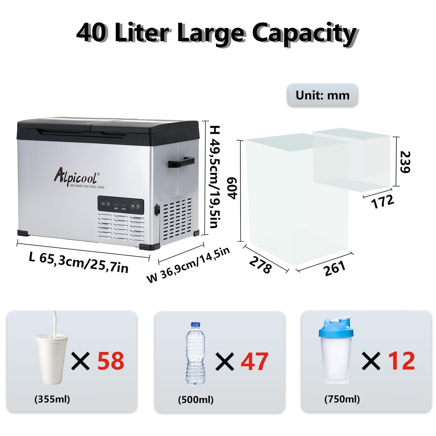 Alpicool CHS55 40L compressor cooler 12V portable fridge electric freezer small freezer for car camping, -20℃ to 20℃, Dual temperature control