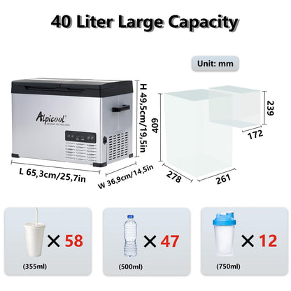 Alpicool CHS55 40L compressor cooler 12V portable fridge electric freezer small freezer for car camping, -20℃ to 20℃, Dual temperature control