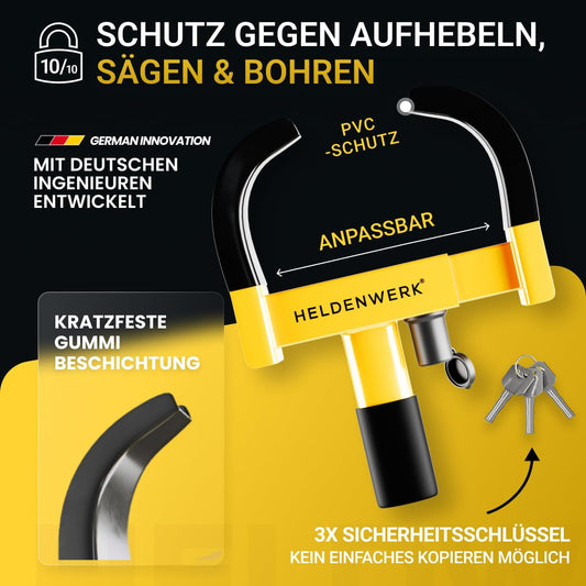 HERO WORK Parking Claw Wheel clamp with high-security lock & 3 keys - for trailers, motorhomes, caravans, cars - car wheel clamp, wheel clamp, wheel claw for 18-30cm tire width (Black/Yellow)