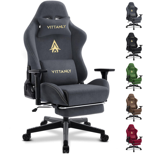 Vittanly Gaming Chair, Luxurious Suede Fabric Office Chair, Ergonomic Desk Chair with Footrest Headrest and Lumbar Pillow, 3D Armrests, 90-155° Backrest, Grey