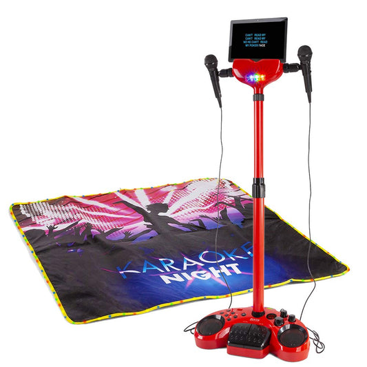 Fenton karaoke system with 2 microphones, stage mat with LEDs, Bluetooth, MP3 player, USB, karaoke machine with disco light effects - red suitable for all age groups with 2 handheld microphones and tablet holder.