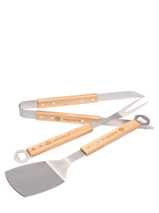 FC Bayern Munich barbecue tool set, 3 pieces including turner, tongs, and fork, made of wood. Football theme.