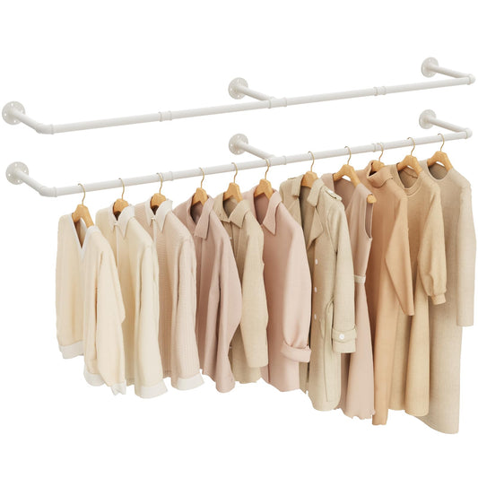 Yawinhe industrial pipe clothing racks, 180cm wall-mounted clothes hangers, space-saving wall shelf kitchen rack with 3 bases, for business, cream color, 2-pack, YMG004W-2.