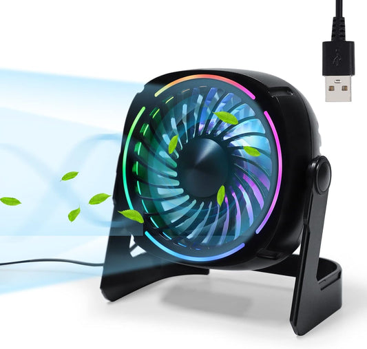 Litake USB Desk Fan RGB, Small Φ15cm Quiet Mini USB Fan with 8 light modes & 3 speeds 360° rotation 152cm cable Portable Desk Fan for rooms offices car travel