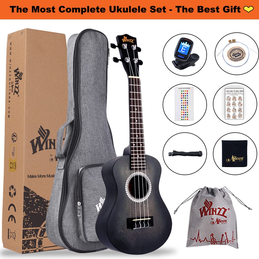 Winzz 23" Ukulele Concert Beginner Set for Kids Adults, Unique Color Design, with Bag, Tuner, Extra Strings, Strap, Music Note Stickers (Black)