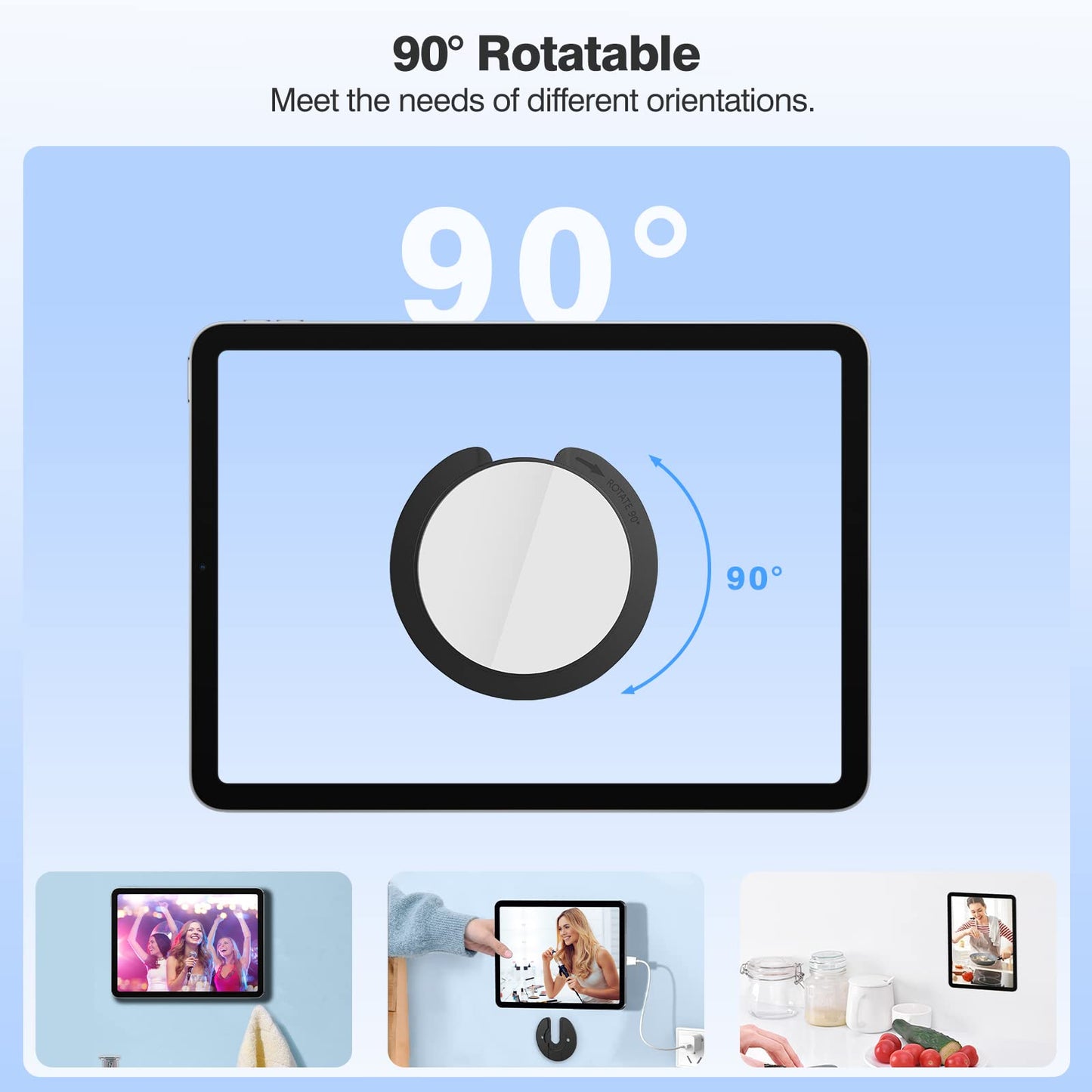MoKo Tablet Wall Mount, 2 Pack 90° Rotatable iPad Wall Mount, Round Phone Kitchen Wall Mount with Adhesive & Screw, Adjustable Tablet Holder Wall Mount Compatible with Phone Tablet Kindle WiFi, Black