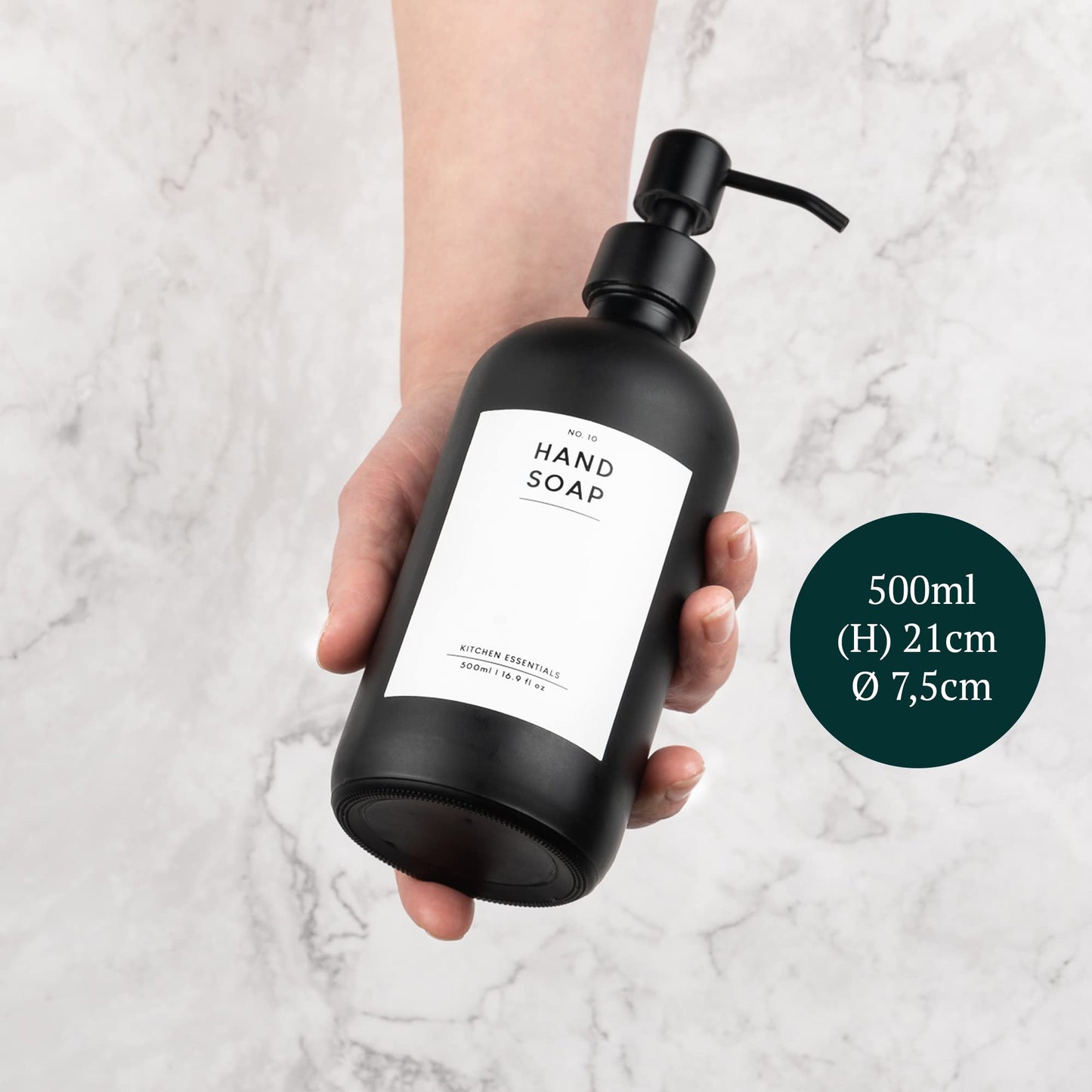MONOKO 2-Piece Set Soap Dispenser Matte Black Glass with Tray | 500ml Kitchen Dish Soap Dispenser | Refillable Bottles | Stainless Steel Pump Head | Pump Bottle + Sticker