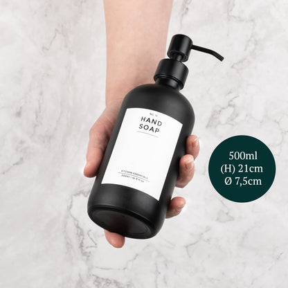 MONOKO 2-Piece Set Soap Dispenser Matte Black Glass with Tray | 500ml Kitchen Dish Soap Dispenser | Refillable Bottles | Stainless Steel Pump Head | Pump Bottle + Sticker