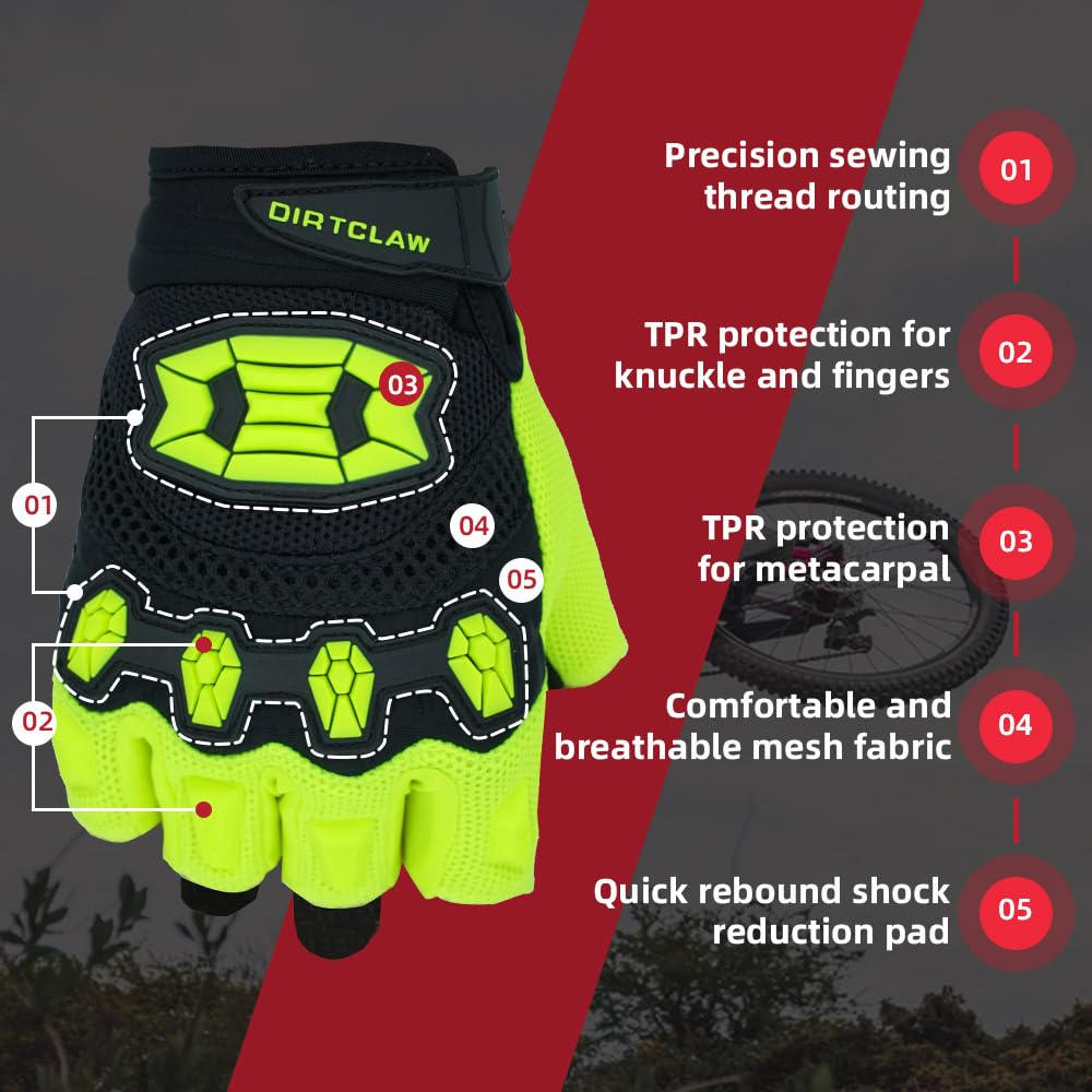 Seibertron Dirtclaw Unisex BMX MX ATV MTB Road Racing Mountain Bike Cycling Gloves Cycle Gloves Dirt Bike Gel Padded Non-Slip Half Finger Motorcycle Sports Adult Fluorescent Yellow