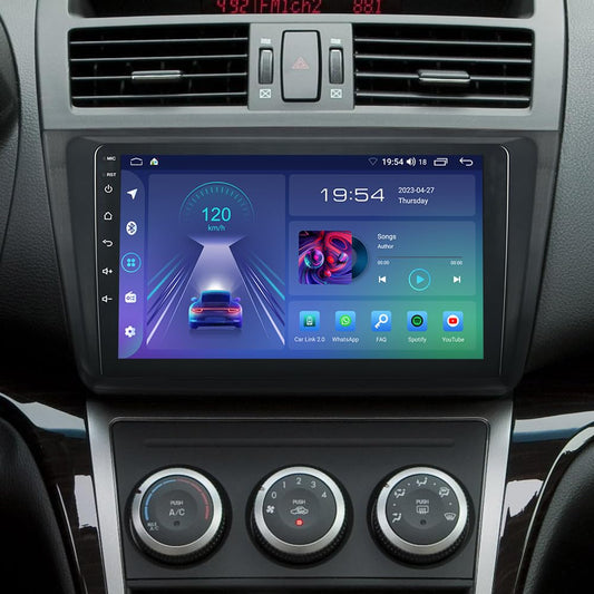 JUNHUA Android 12 car stereo for Mazda 6 GH1 GH2 2007-2013, 2G RAM+32G ROM, low-end model with 1280x800 9-inch touchscreen. Features Wireless CarPlay, Android Auto, Bluetooth, WiFi, USB, GPS.