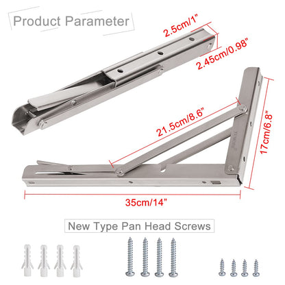 YUMORE Folding Shelf Bracket Heavy Duty 350mm, YUMORE Folding Shelf Brackets Stainless Steel Folding Shelf Supports Wall Table Brackets Folding Hinge for Benches Shelves Wall Mount, Space Saving, Capacity 330 lb [2PACK]