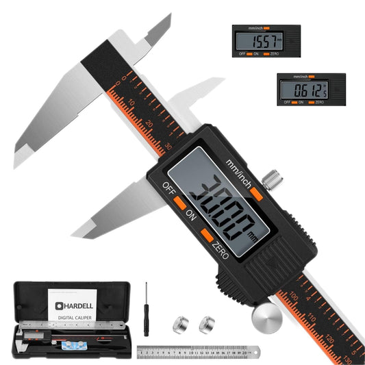 HARDELL Digital Caliper 150mm, Stainless Steel with LCD Display, Inch and Millimeter Conversion, Household & Industrial Measuring Tool with 2 Spare Batteries