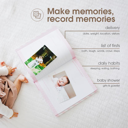 Pearhead First 5 Years Chevron Baby Memory Book with Clean-Touch Baby Safe Ink Pad for Baby Handprint or Footprint, Baby Girl Keepsake Book, Imprint Kit Included, Pink, US English Version