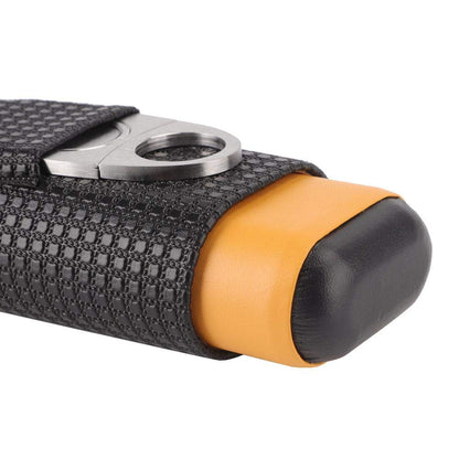 Black leather travel humidor made of cedar wood with 2 tubes and cigar cutter.