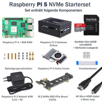 Raspberry Pi 5 8GB PCIe M.2 NVMe - Kit | Metal case | Active cooler | M.2 NVMe SSD PCIe board | USB-C 27W power supply | Ultra 64GB SD card | 4K Micro HDMI cable