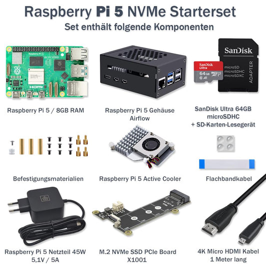 Raspberry Pi 5 8GB PCIe M.2 NVMe - Kit | Metal case | Active cooler | M.2 NVMe SSD PCIe board | USB-C 27W power supply | Ultra 64GB SD card | 4K Micro HDMI cable