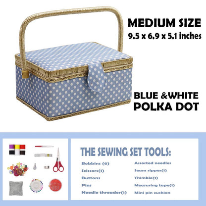 D & D sewing kit basket for home, storage and organization, portable, for needles, thread etc., sewing basket with accessories M blue