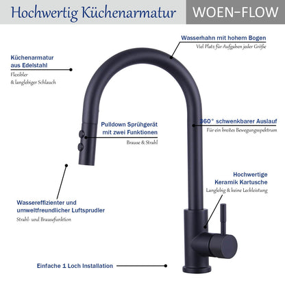 Black Kitchen Faucet, High Pressure Pull-Out 360° Swivel Kitchen Tap, Single Lever Sink Faucet with 2 Spray Modes, High Arc Kitchen Mixer Tap, Pull-Out Stainless Steel Kitchen Faucet.