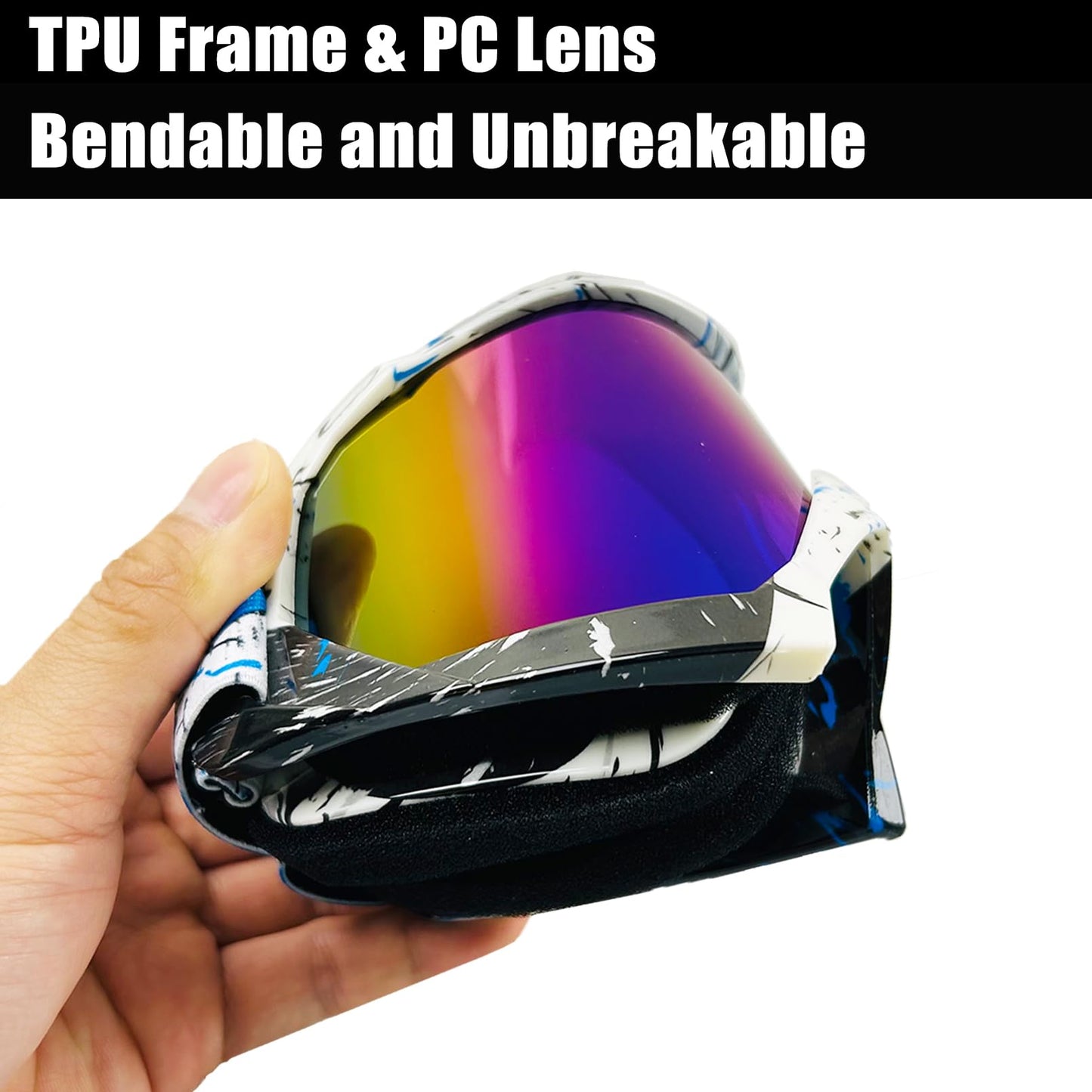4-FQ Motocross Goggles, Motorcycle Goggles, High-Quality Off Road Racing Goggles, Anti-Fog UV Protective Goggles Sports Goggles for ATV Dirt Bike, Adjustable Goggles for Glasses Wearers (Graffiti Blue)