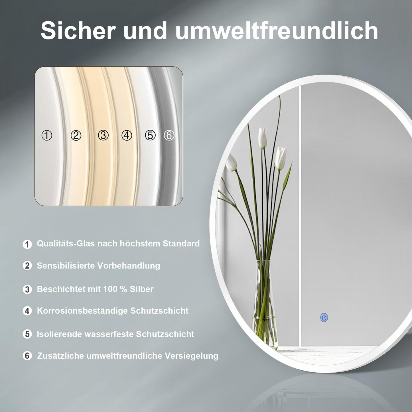 ApeJoy 80cm round bathroom mirror with LED lighting, wall mirror with touch switch light change 2700-6500K warm white-cool white-neutral memory function [Energy Class F]