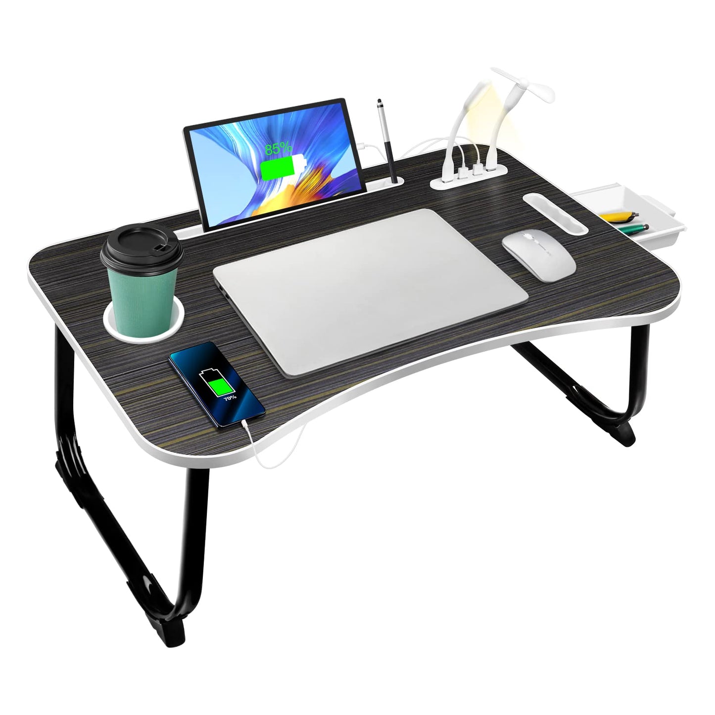 AirOpen laptop table for bed, foldable bed table with 4 USB charging ports, drawer, tablet stand, cup holder, carrying handle, laptop desk for bed, sofa, couch, floor (60 x 40 cm, black)