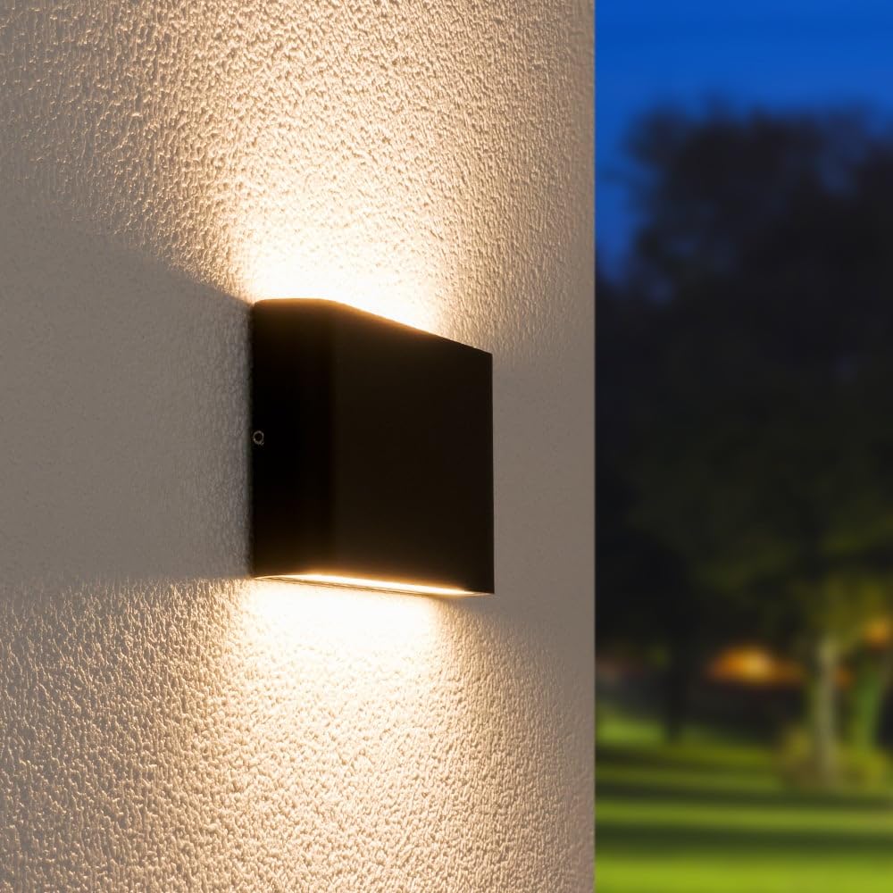 HOFTRONIC - Dimmable LED Wall Light Outdoor Indoor Dallas M Black 12W 3000K Warm White Up Down Spotlight IP54 Waterproof Aluminum. Outdoor light fixture for bathroom, garden, living room wall lamps.