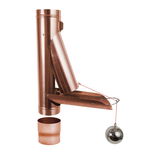 Rainwater flap copper automatic with float DN 100 incl. adapter Rain pipe flap with ball for filling rain barrels, rain barrels, and smaller rainwater tanks.