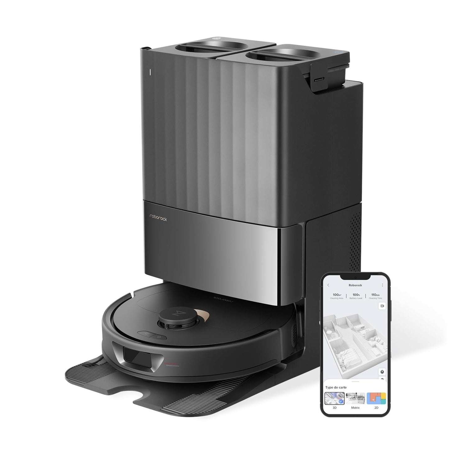 roborock Qrevo robot vacuum with mopping function, dust bin 5500 Pa suction power, 3D mapping, dual spinning mops automatic water refill, emptying, dust bag disposal, cleaning