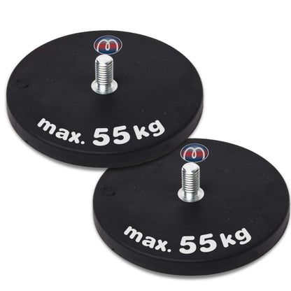 2 x Neodymium magnet system rubberized Ø 88 mm threaded stud (external thread) M8 - adhesive force 55 kg - 2 pieces - Strong magnets with rubber coating - Anti-slip coating