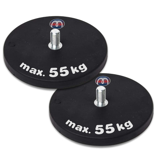 2 x Neodymium magnet system rubberized Ø 88 mm threaded stud (external thread) M8 - adhesive force 55 kg - 2 pieces - Strong magnets with rubber coating - Anti-slip coating