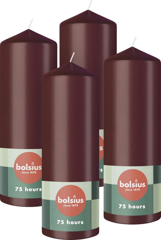 Bolsius smooth pillar candles - burgundy - 4 pieces - 20 x 7 cm - 75 hours burning time - unscented - contains natural plant wax - palm oil free.