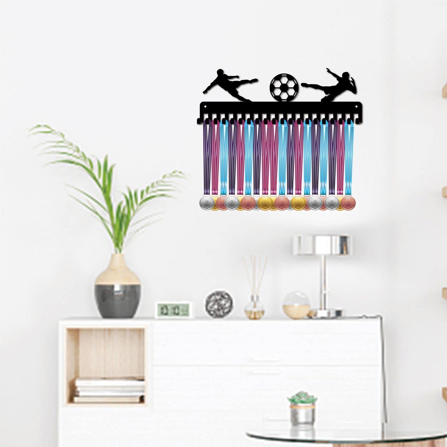 CREATCABIN Football Medal Holder, Hanger, Sport Metal Wall Mount With 20 Hooks For Hanging 60 Medals, Runner, Home Badges, Running, Marathon, Gymnastics, Black, 40 x 13.4cm