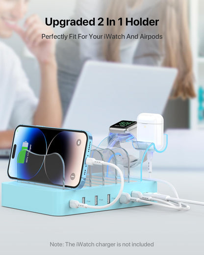 SooPii USB Charging Station 60W/12A, 6-Port Docking Station, Organizer for multiple devices with i Watch Holder, 6 cables included for phones, tablets, and other electronic devices.