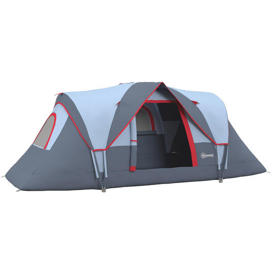 Outsunny camping tent for 5-6 people, sturdy and waterproof. Family tent with entrance, window, and carrying bag. 3000mm water column tunnel tent for camping, travel, and garden. Light grey.