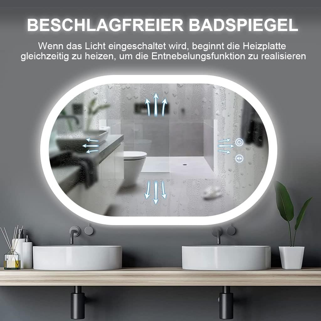 YOLEO bathroom mirror with lighting oval, dimmable 70x50cm, fog-free wall mirror with touch switch, 3 light colors, 6500K.