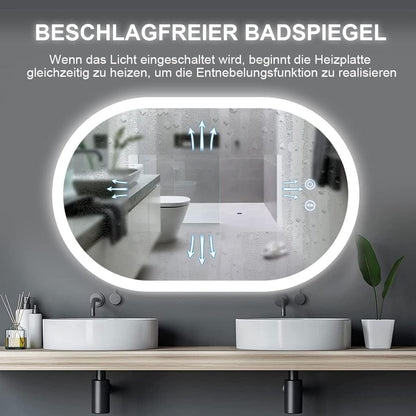 YOLEO bathroom mirror with lighting oval, dimmable 70x50cm, fog-free wall mirror with touch switch, 3 light colors, 6500K.