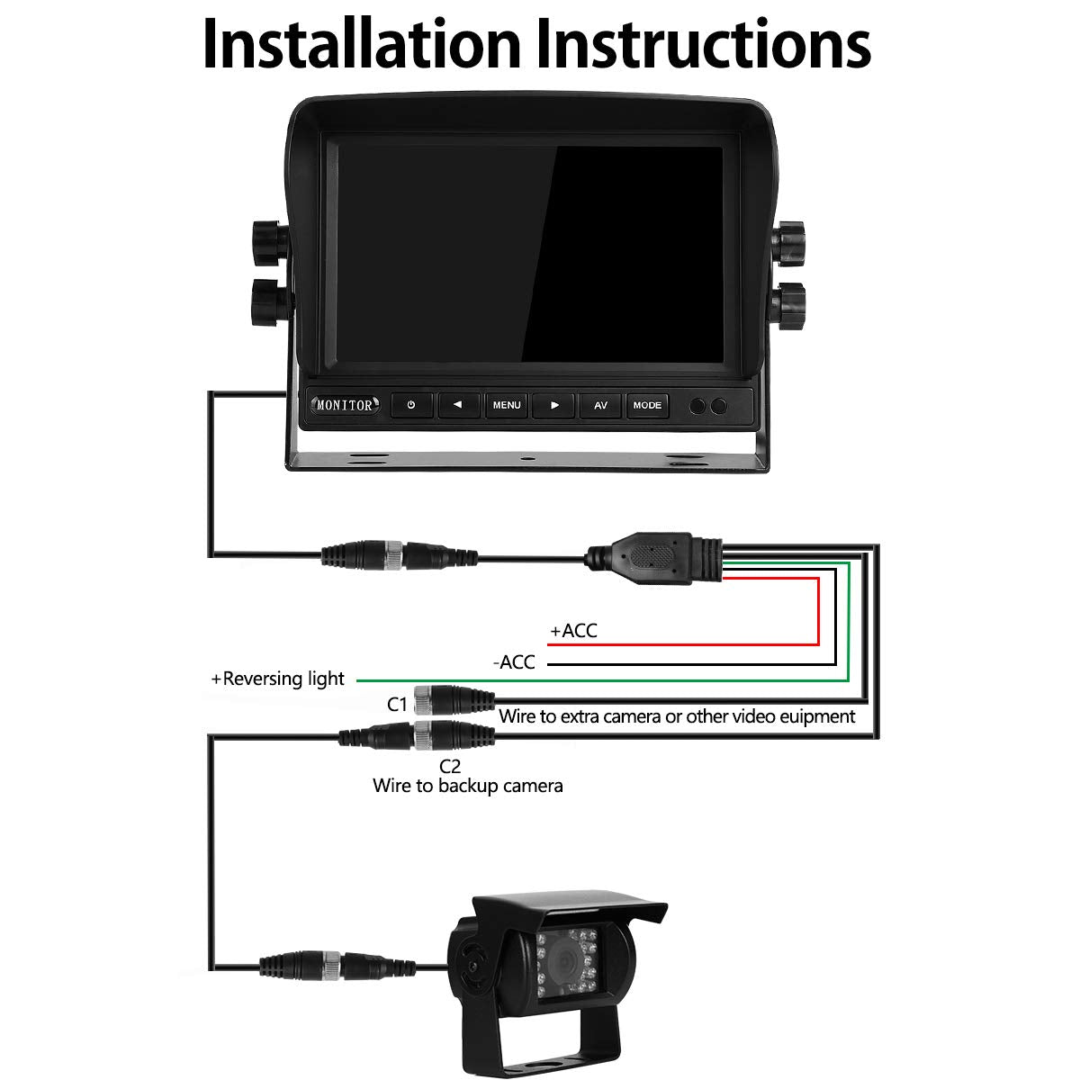 Dual rearview camera set with 7" TFT LCD vehicle monitor & two 170° wide angle rearview cameras, IP68 waterproof, 18IR night vision, for trucks/trailers/buses/vans/agriculture (12-24 Volt)