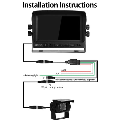 Dual rearview camera set with 7" TFT LCD vehicle monitor & two 170° wide angle rearview cameras, IP68 waterproof, 18IR night vision, for trucks/trailers/buses/vans/agriculture (12-24 Volt)