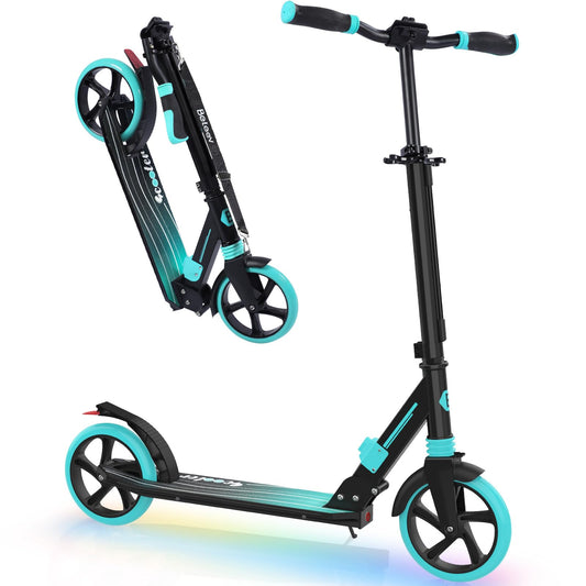 BELLEEV Big Wheel Scooter with LED Light-Up Handlebar, Deck, Adjustable Height, ABEC-9 bearings, 200mm wheels, Suspension, Carry Strap, Foldable Kick Scooter for Kids 6+, Teens, Adults.