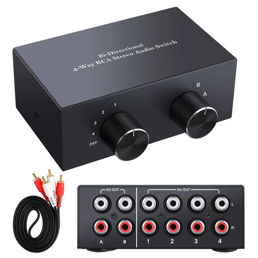 XMSJSIY 4-way bidirectional RCA stereo switcher, audio selection box for DVD, speakers, CD player, compatible with devices with L/R audio channels.