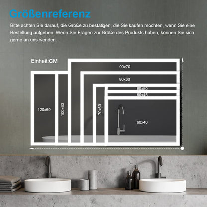 HeilMeta bathroom mirror with LED lighting 80x60cm, bathroom mirror 3000K warm white light, wall mirror with lighting, vertical/horizontal installation.