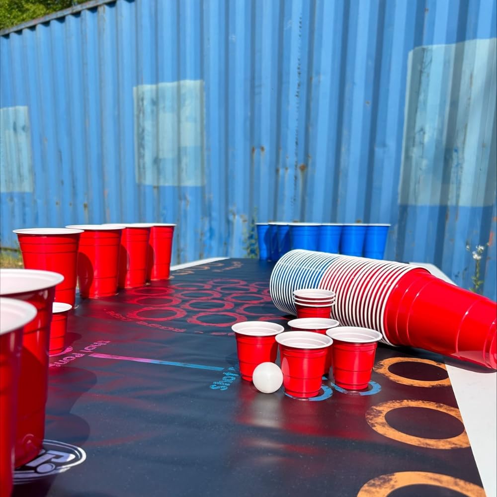 Beer Pong mat - Beer Pong table on the go | + 50 Beer pong cups (25 red & 25 blue, 16 oz) + 10 mini shot red cups + 6 balls | Comes with 4 games | 175 x 59 cm, waterproof and tear-resistant