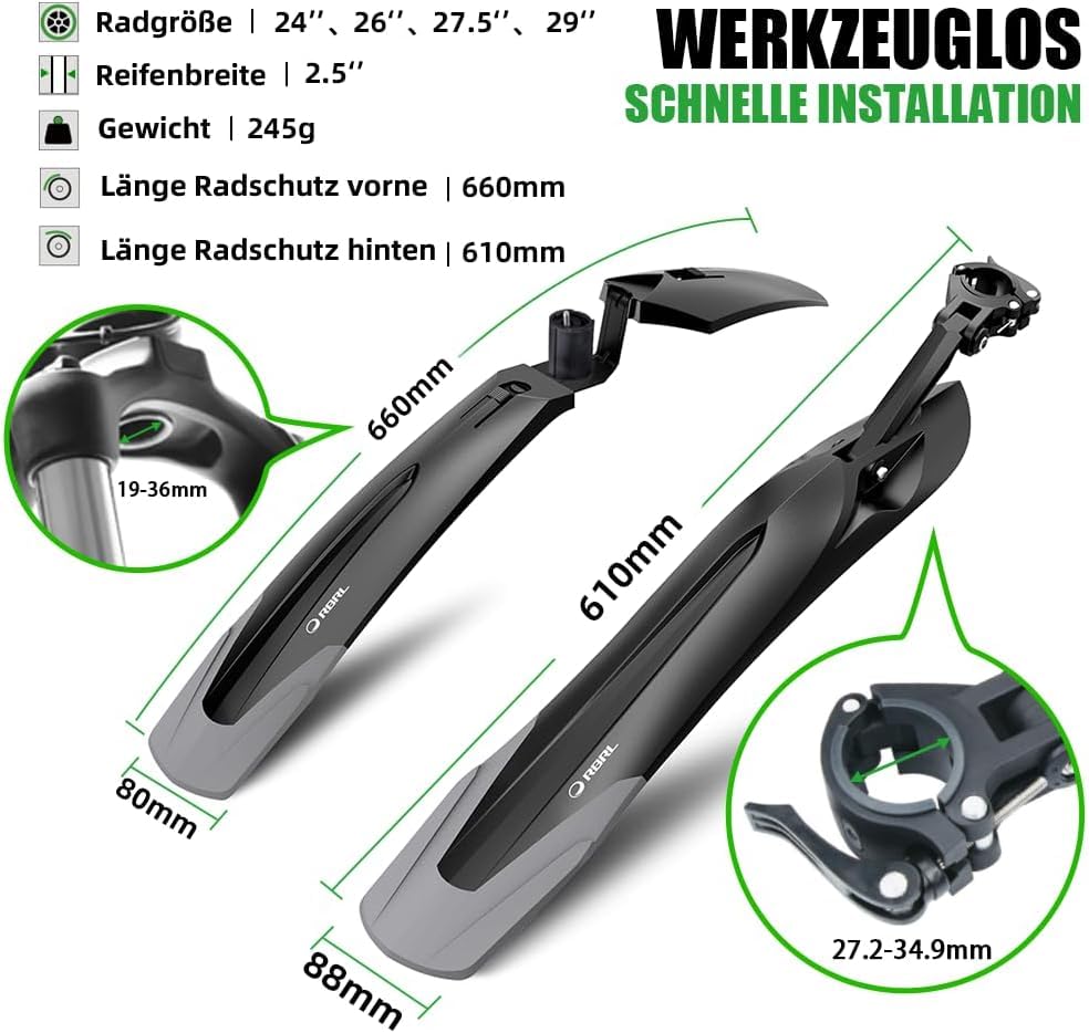 RBRL Bicycle Mudguard Set [24-29 Inches] - Universal Quick Release Bike Fenders, Mountain Bike, MTB Clip-On Mudguards for Protection against Splash Water & Dirt