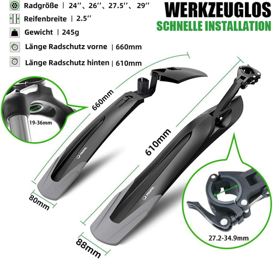 RBRL Bicycle Mudguard Set [24-29 Inches] - Universal Quick Release Bike Fenders, Mountain Bike, MTB Clip-On Mudguards for Protection against Splash Water & Dirt
