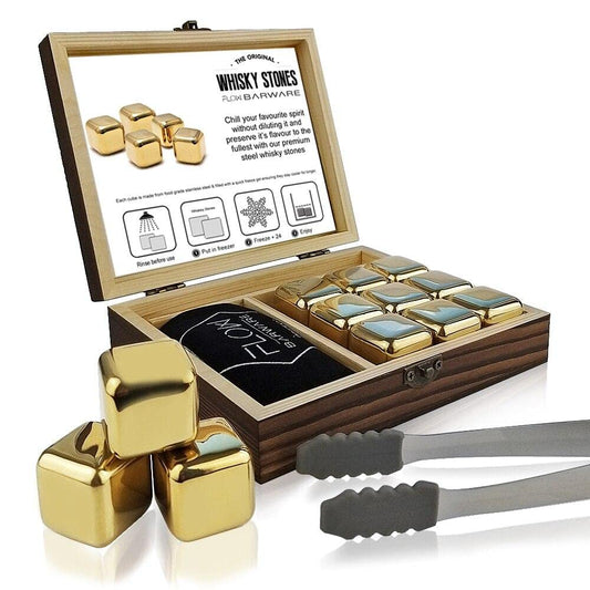 FLOW Barware Gold Whiskey Stones, gift set with ice tongs and storage bag, reusable metal ice cubes, prevent dilution of whiskey, rum, brandy, wine and gin drinks.