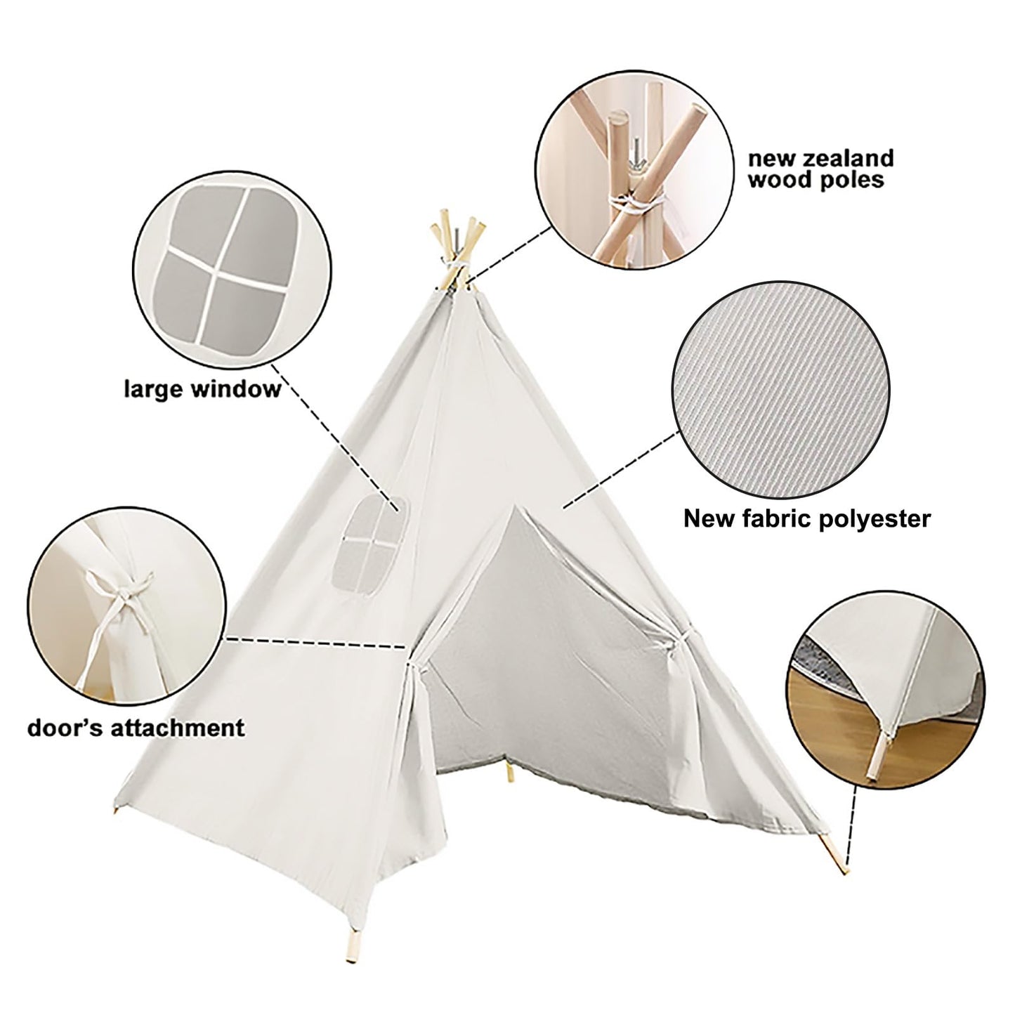 Lifemaison Kids Teepee Play Tent Polyester 120x120x130cm, Children's Tent White Kids Teepee in Montessori style Polyester and wood frame, Teepee Tent for Kids, Polyester Teepee Kids Tent for Outdoor and Indoor